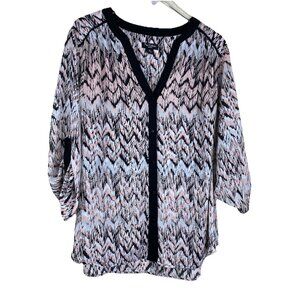 Nue Options 1X Pink & Black Ikat Zigzag Print Button Up Tunic Top Blouse V Neck